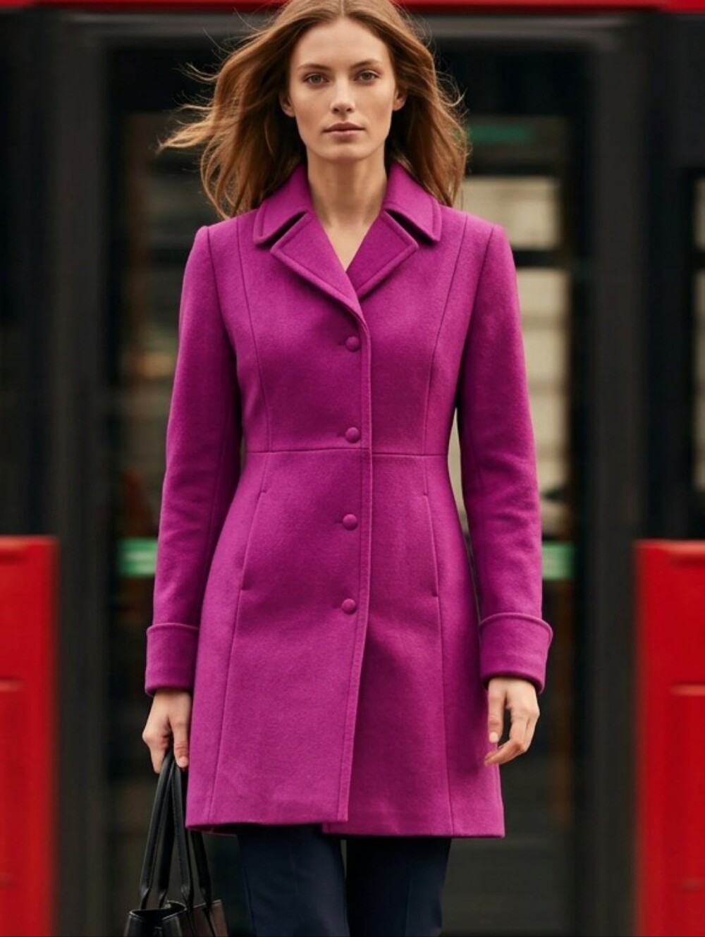 Stile Benetton Women's Magenta Wool Pea Coat With Pockets Made In Italy